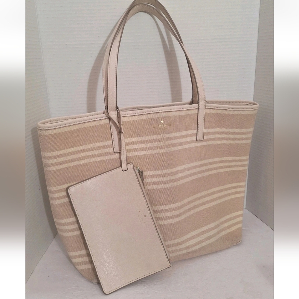 Kate Spade Mya Reversible Leather Tote Bag Wristlet Beige Fabric Stripe EUC